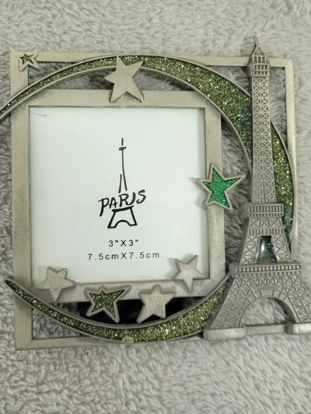 Paris Eiffel Tower Picture Frame 3x3 Silver Metal Green Glitter Stars S55E